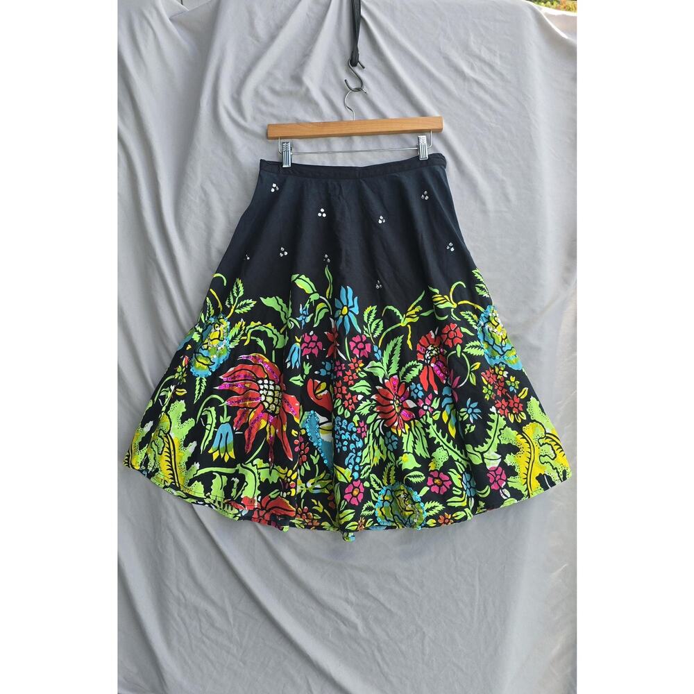 Pura Vida Skirt Womens 10 Multicolor Floral Sequin Full Midi Pockets Boho